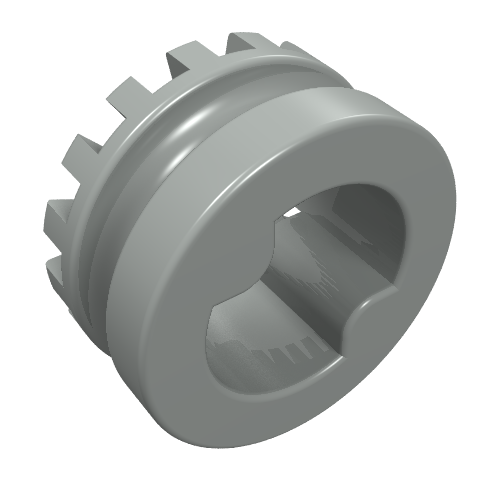 Light grey LEGO Technic Bush 1/2, toothed on one end with two interior ridges, viewed at an angle.