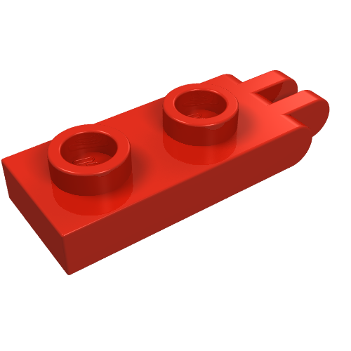 Red LEGO Hinge Plate 1x2 with 2 fingers on end and hollow studs.
