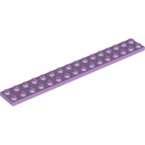 Light purple LEGO Plate 2x16 (part 4282) featuring 32 studs on its top surface, angled view.