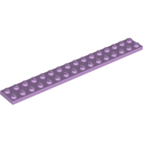 Light purple LEGO Plate 2x16 (part 4282) featuring 32 studs on its top surface, angled view.