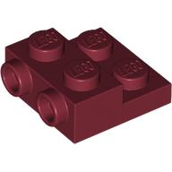 A dark red LEGO Plate, Modified 2 x 2 x 2/3 with 2 Studs on Side, showing four studs on top and two on the left side.