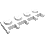 White LEGO Hinge Plate 1 x 4 with four studs on top, each embossed with 'LEGO', and four curved hinge sections.