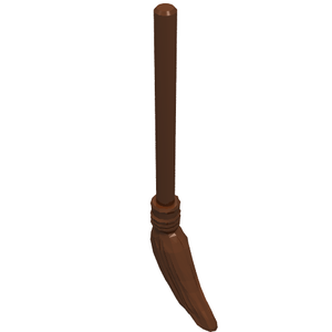 Brown LEGO minifigure utensil broom with a long cylindrical handle, rounded top, and textured, flared bristles at the bottom.