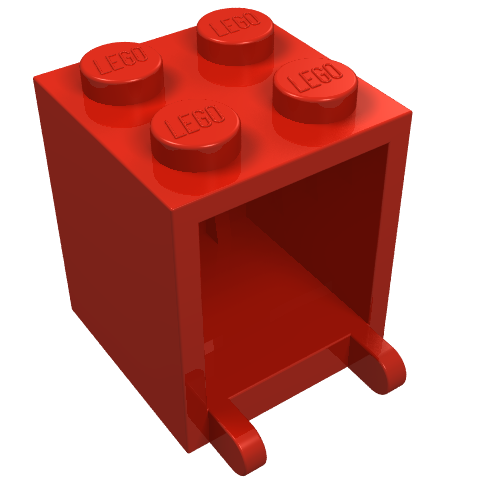 Red LEGO 4345a Container, Box 2 x 2 x 2 with solid studs, viewed from an angled perspective.