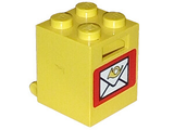 Yellow LEGO 2x2x2 container brick with solid studs. It features a mail slot and a red-bordered mail pattern of an envelope and horn.