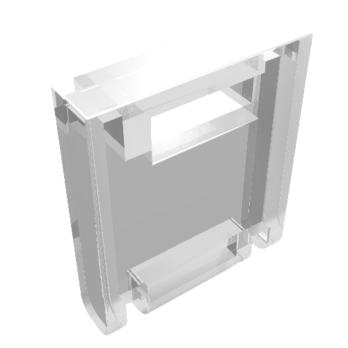 Angled view of a transparent LEGO 2x2x2 container box with a front slot, part 4346.