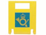 Yellow LEGO 2x2x2 box door with a top slot and a blue square pattern featuring a crowned post horn logo.