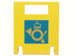 Yellow LEGO 2x2x2 box door with a top slot and a blue square pattern featuring a crowned post horn logo.