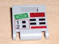 Light gray LEGO 2x2x2 door with ATM pattern: green 100 bill, 15:00 display, keypad, and card slot.