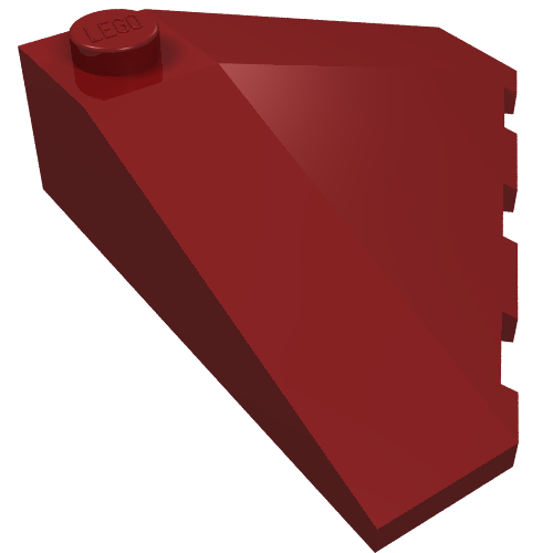 Dark red LEGO 43708 Wedge 4 x 4 (Slope 18 Corner) piece with a single stud and side grooves.