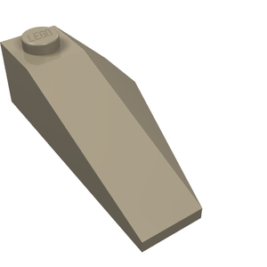 A single tan LEGO 4x2 triple left wedge brick with the LEGO logo on the top stud, viewed from an angle.