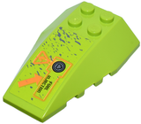 Lime green LEGO 6x4 triple curved wedge with dark bluish gray splatters, orange 'FUEL INJECTION' text, arrow, and power icon.