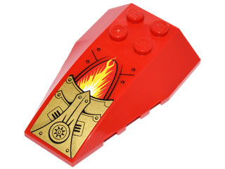 Red LEGO 6x4 triple curved wedge brick with a gold panel, rivets, and a yellow fiery energy pattern.
