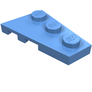 Light blue LEGO 43722 Wedge Plate 3 x 2 Right. Shows the angled plate with three studs, each embossed with 'LEGO'.