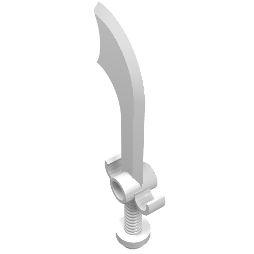 A white LEGO Minifigure weapon, a scimitar sword, with a curved blade and a detailed hilt with a threaded grip.