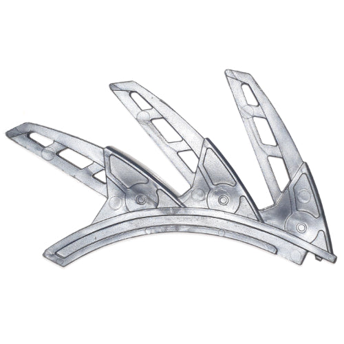 A metallic grey LEGO Bionicle Rahkshi back blade, featuring three thin, bladed fins, photographed flat.