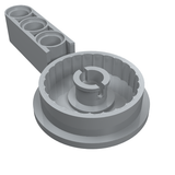 Gray LEGO Technic Rotation Joint Disk with Large Pin and 3L Thick Liftarm, shown at an angle on a white background.