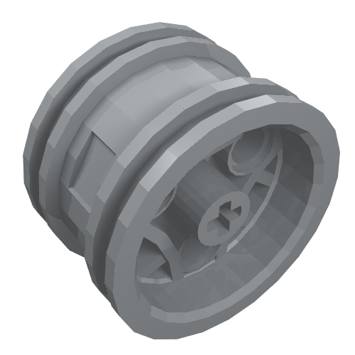 Grey LEGO Technic Wheel 30.4mm D. x 20mm (part 44292) with a cross axle hole and three pinholes.
