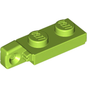 Lime green LEGO Hinge Plate 1x2 locking with 1 finger on end and bottom groove.