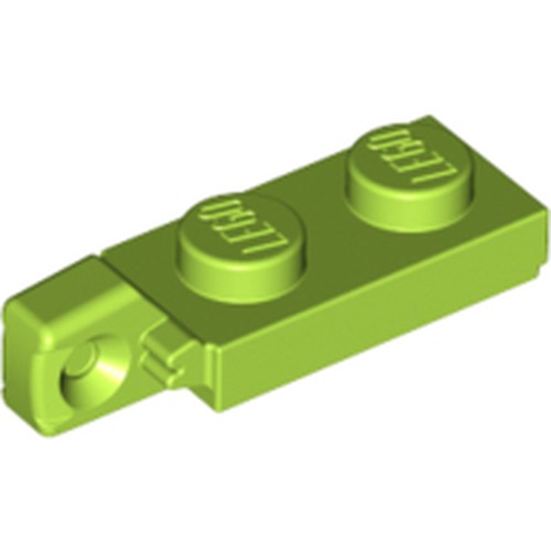 Lime green LEGO Hinge Plate 1x2 locking with 1 finger on end and bottom groove.