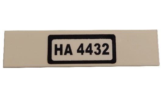 LEGO 1x4 tan tile featuring a black-bordered white sticker with the text 'HA 4432'.
