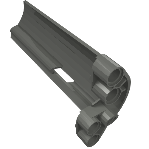 Grey LEGO Technic 44351 Panel Fairing #21, a long curved piece with a small rectangular hole and multiple pin connectors.