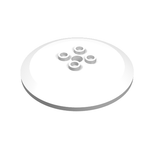 White LEGO 44375a inverted 6x6 dish with four hollow studs in the center, seen from a slight angle.