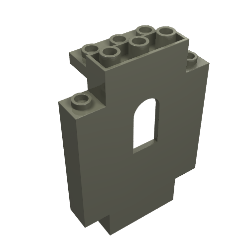 Dark grey LEGO Panel 2 x 5 x 6 Wall with Window, showing studs on top and a side, and an arched window opening.