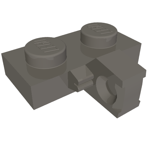 Dark gray LEGO Hinge Plate 1 x 2 Locking with 1 Finger on Side without Bottom Groove, angled view showing studs and hinge.