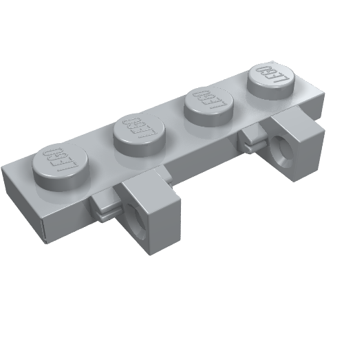 Light gray LEGO 44568 Hinge Plate 1 x 4 Locking Dual 1 Finger on Side with four studs and two side hinge fingers.