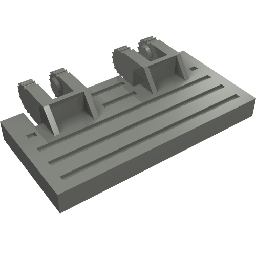Grey LEGO 44569 Hinge Train Gate 2x4 piece, showing its locking dual fingers and rear reinforcements on a white background.