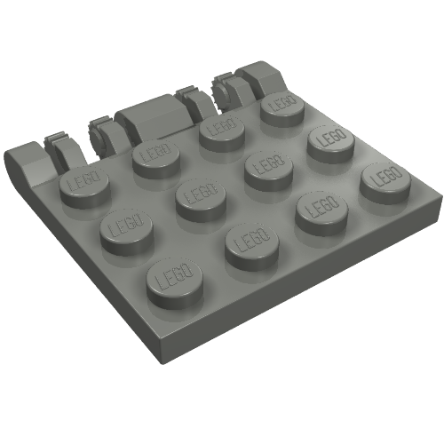 A gray LEGO 44570 Hinge Plate 3 x 4 Locking Dual 2 Fingers. It features 12 studs and hinge elements along one side.