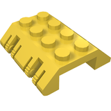 Yellow LEGO 44571 Slope 45 4x4 Double with Locking Hinge. Features 8 studs and five gear teeth on one side.