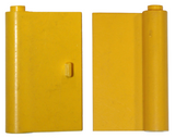 Front and back view of a yellow LEGO 1x3x4 left door piece with a thin handle.