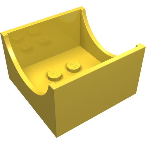 Yellow LEGO container box 4x4x2 bottom with semicircle cutout ends, featuring studs on interior floor and side.