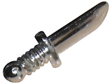 A shiny silver LEGO minifigure weapon knife, featuring a smooth blade, a small crossguard, and a ribbed handle.