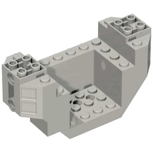 Light gray LEGO 44665 cockpit brick, 4x10x4, featuring studs, 3 holes on bottom, and 2 pin holes on the sides.