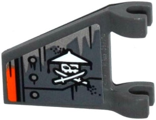 Dark gray LEGO 2x2 trapezoid flag piece, right side. Sticker shows gray armor plates with rivets, white ninja skull, crossed swords, and orange.