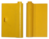 Two views of a yellow LEGO 446a Door 1 x 3 x 4 Right with Thin Handle, showing the front with handle and hinge side.