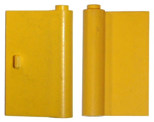 Two views of a yellow LEGO 446a Door 1 x 3 x 4 Right with Thin Handle, showing the front with handle and hinge side.