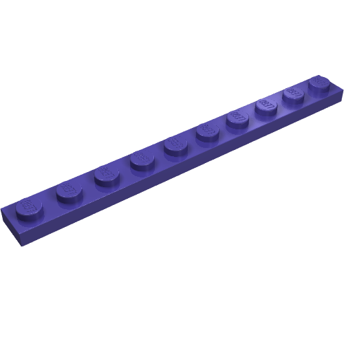 A single purple LEGO 1x10 plate, seen from an angled, slightly elevated perspective, against a white background.