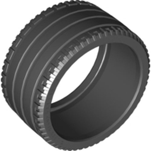 A black LEGO tire, 68.8x36 ZR, with a detailed tread pattern including four grooves and small shoulder blocks.