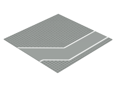 Grey LEGO 32x32 baseplate with a road pattern, featuring a driveway and white stripes.