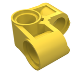 A yellow LEGO Technic Pin Connector Perpendicular 2 x 2 Bent, showing its multiple connection points.