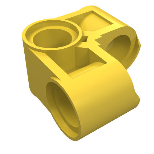 A yellow LEGO Technic Pin Connector Perpendicular 2 x 2 Bent, showing its multiple connection points.