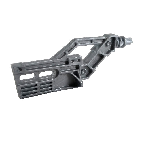 A gray LEGO Sports Hockey Stick with an integrated axle, two oval holes in the blade, and a ribbed grip.