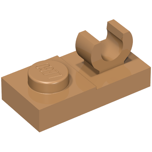 Brown LEGO Plate, Modified 1 x 2 with Open O Clip on Top. Features one stud with LEGO logo.