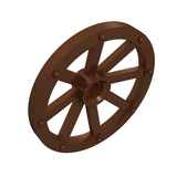 A brown LEGO 4489b Large Wagon Wheel (33mm D.) with 8 spokes, studded rim, and notched hole, viewed from an angle.