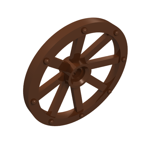 A brown LEGO 4489b Large Wagon Wheel (33mm D.) with 8 spokes, studded rim, and notched hole, viewed from an angle.