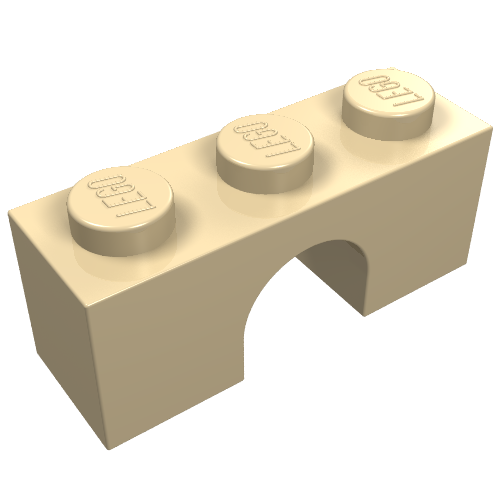 Light tan LEGO Arch brick 1x3, part 4490, with three studs embossed 'LEGO' and an arch cutout underneath.